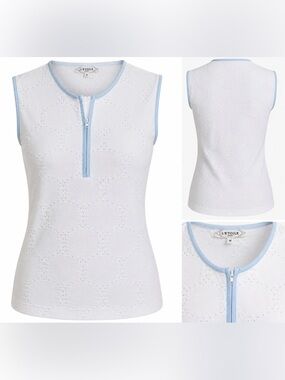 L’Etoile Sport White Eyelet Sleeveless Quarter Zip Top Size M